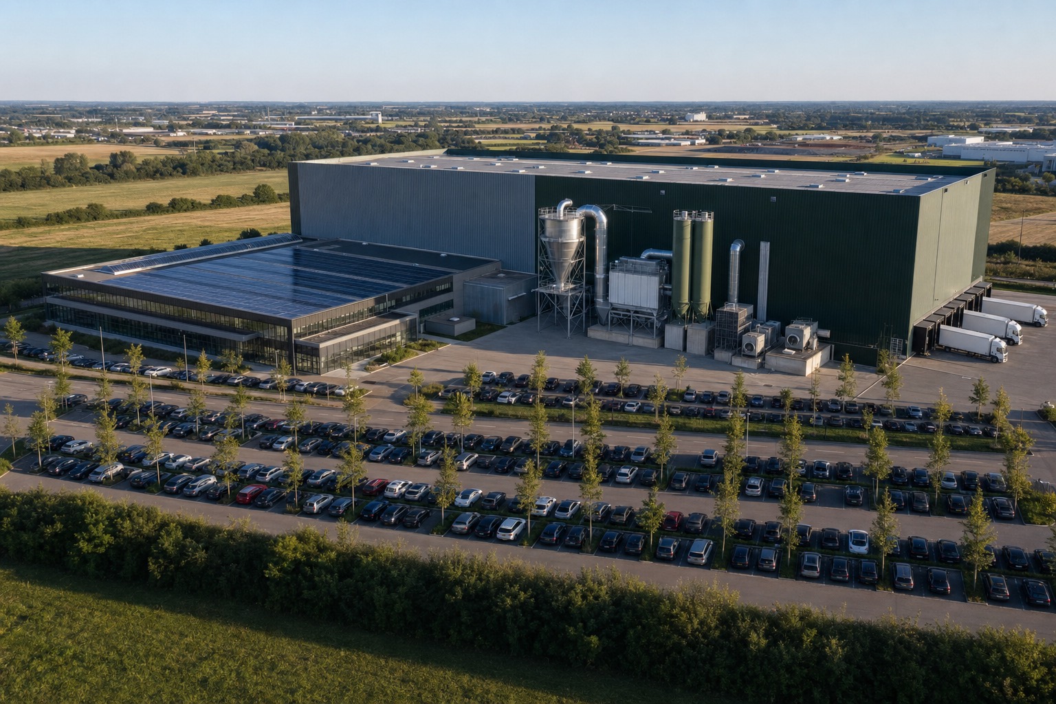 Vue aérienne d'un site industriel : halle de production, aile vitrée à toiture photovoltaïque, cyclone et silos, camions à quai, parking arboré
